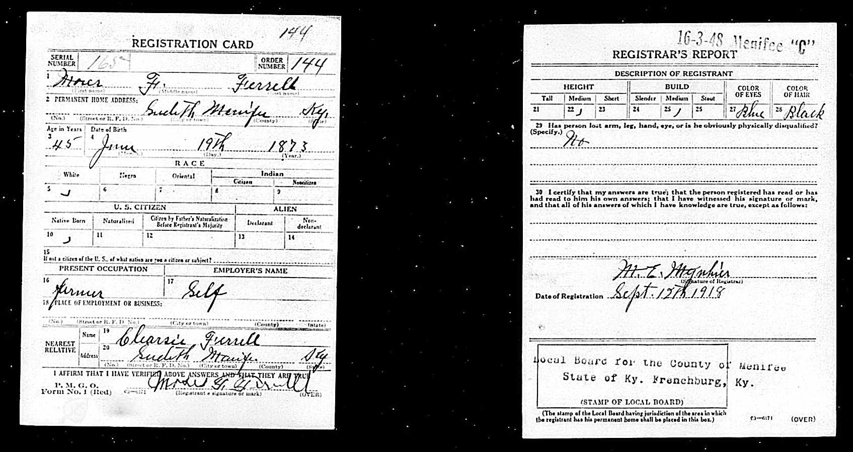 1918 Moses F Ferrell WWI Draft Card