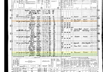 1950 Census, Pg1 Close-up abode 259, household of Sanford Caudill-42, wife Nora-32, d-Imojean-13 farmers