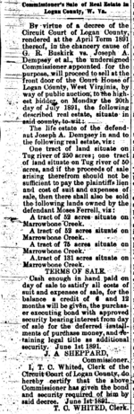 Moses Ferrell 1892 Chancery Case Land Sale Logan County Banner 11 June 1891.png
