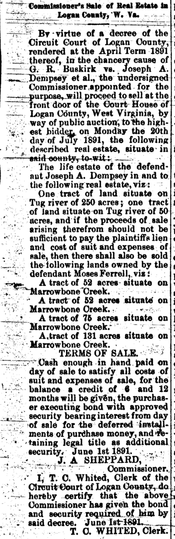 Moses Ferrell 1892 Chancery Case Land Sale Logan County Banner 11 June 1891.png