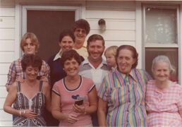 Dot, Bert, Nora, and grandmother Ella Farler front, Peggy, Shirley, Jean, John, Heather in back