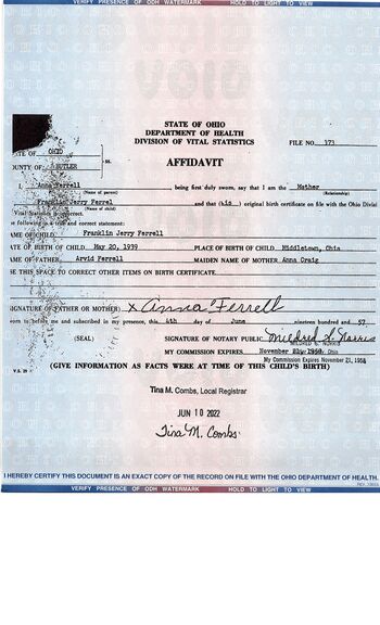 1939 Jerry Ferrell Birth Certificate Name Correction