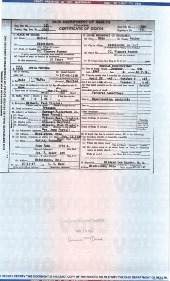 1947 Arvid Ferrell OH Death Certificate