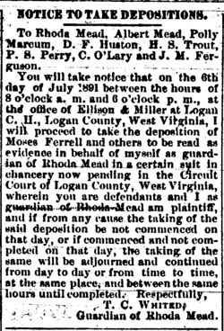 Moses Ferrell 1892 Chancery Case Logan County Banner 28 May 1891