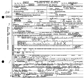 1964 Anna Craig OH Death Certificate