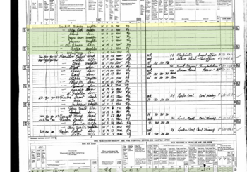 1950 Census, Pg2 Close-up abode 259, household of Sanford Caudill-42, d-Patsy Ruth-12, s-David-10, d-Joyce Ann-9, d-June-7, s-Elmer Otis-5, d-Bertha-3, s-Jerry Wayne-baby